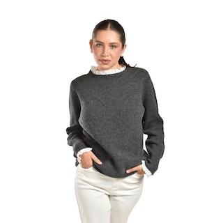 Foto 6 | Sueter Con Cuello Y Puños De Encaje Roman Fashion /juvenil 4015 (gris Obscuro) Gris Oscuro