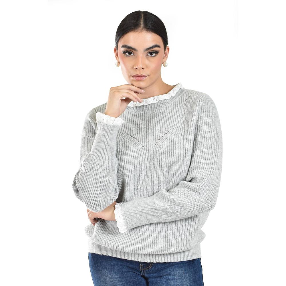 Foto 1 | Sueter Con Cuello Y Puños De Encaje Roman Fashion /juvenil  4015 (gris Claro) Gris