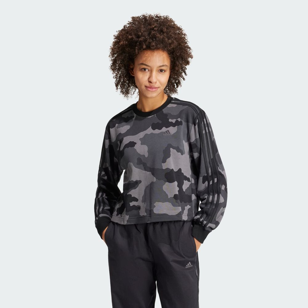 Foto 4 | Sudadera Corta Essentials 3 Franjas Estampado De Camuflaje Adidas Negro Mujer