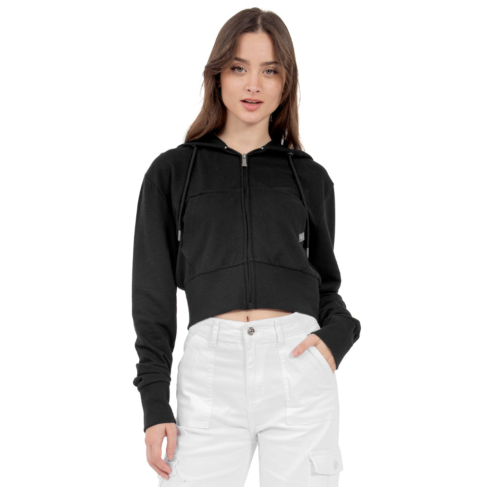 Sudadera Para Mujer Crop Con Capucha Y Cierre Quarry Color Negro