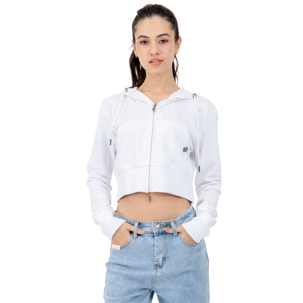 Sudadera Para Mujer Crop Con Capucha Y Cierre Quarry Color Blanco