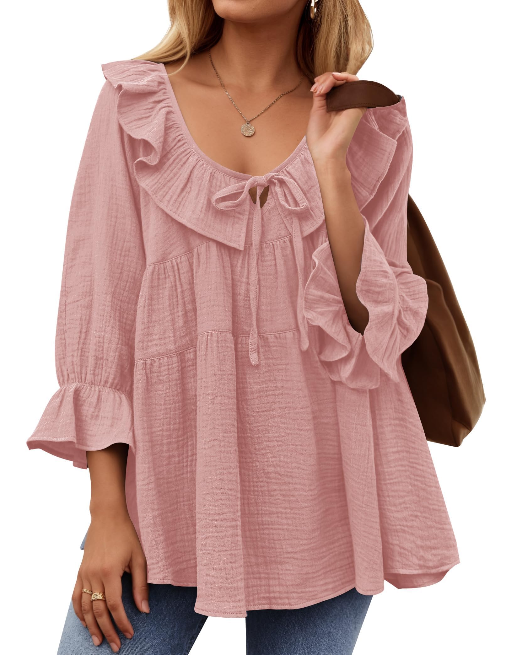 Foto 1 | Blusa Tipo Túnica Zesica Para Mujer, Cuello Redondo, Manga 3/4, Algodón Rosa - Venta Internacional.