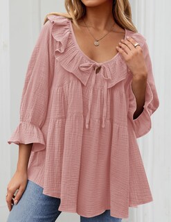 Foto 2 | Blusa Tipo Túnica Zesica Para Mujer, Cuello Redondo, Manga 3/4, Algodón Rosa - Venta Internacional.