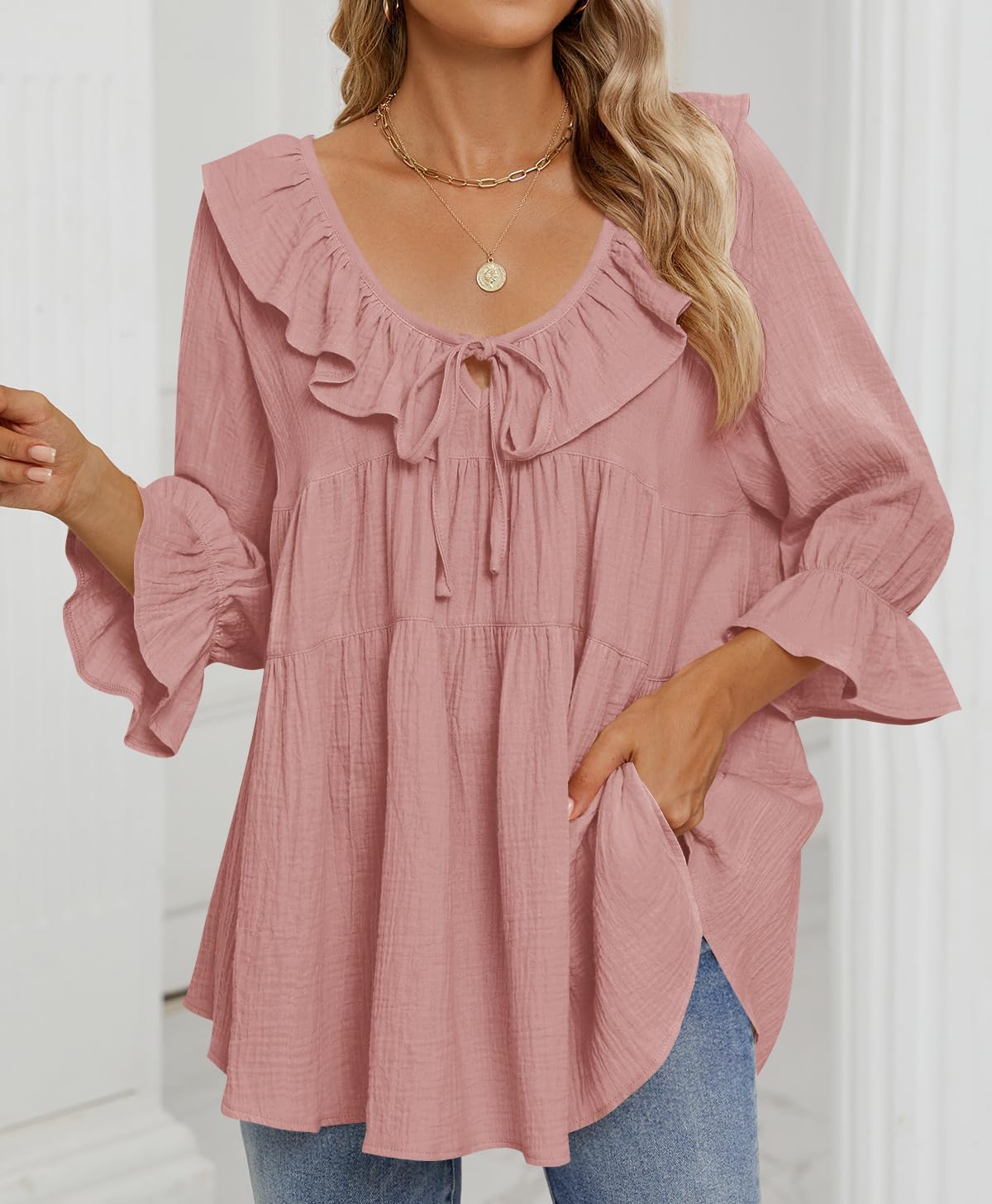 Foto 4 pulgar | Blusa Tipo Túnica Zesica Para Mujer, Cuello Redondo, Manga 3/4, Algodón Rosa - Venta Internacional.