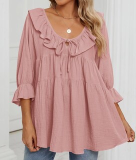 Foto 7 | Blusa Tipo Túnica Zesica Para Mujer, Cuello Redondo, Manga 3/4, Algodón Rosa - Venta Internacional.