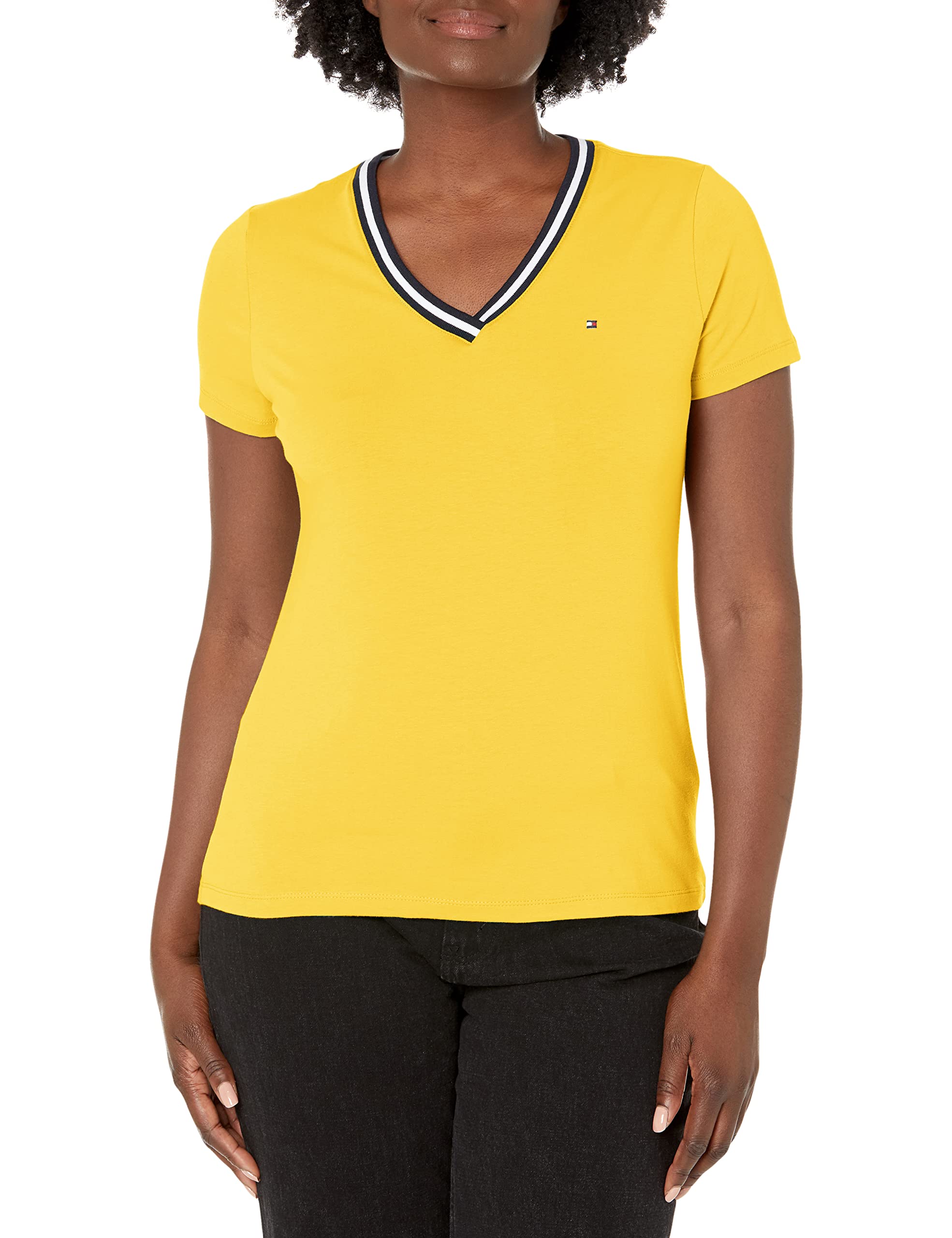 Camiseta Tommy Hilfiger Para Mujer Con Cuello En V Y Estampado Con La Bandera Snapdragon - Venta Internacional.