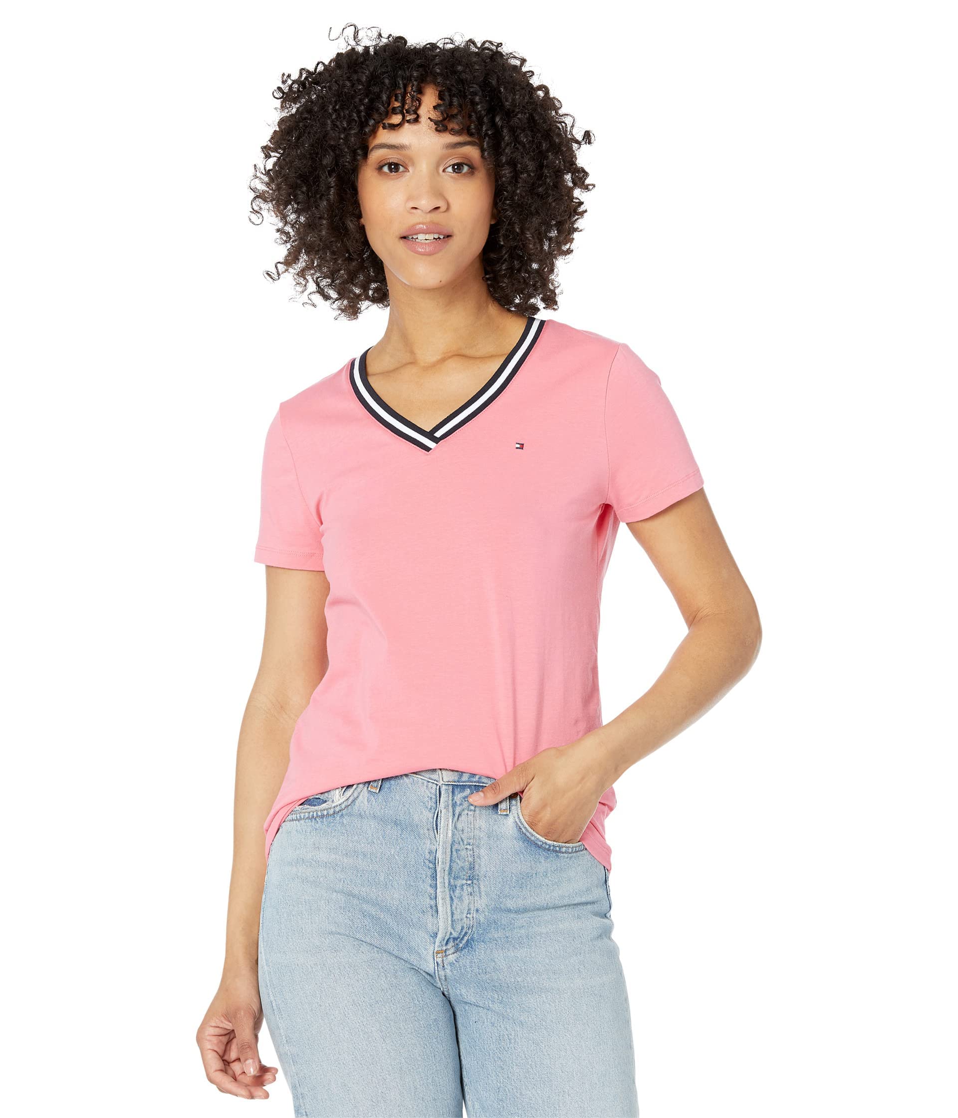 Foto 2 pulgar | Camiseta Tommy Hilfiger Para Mujer Con Cuello En V Y Estampado Con La Bandera Bubblegum - Venta Internacional.
