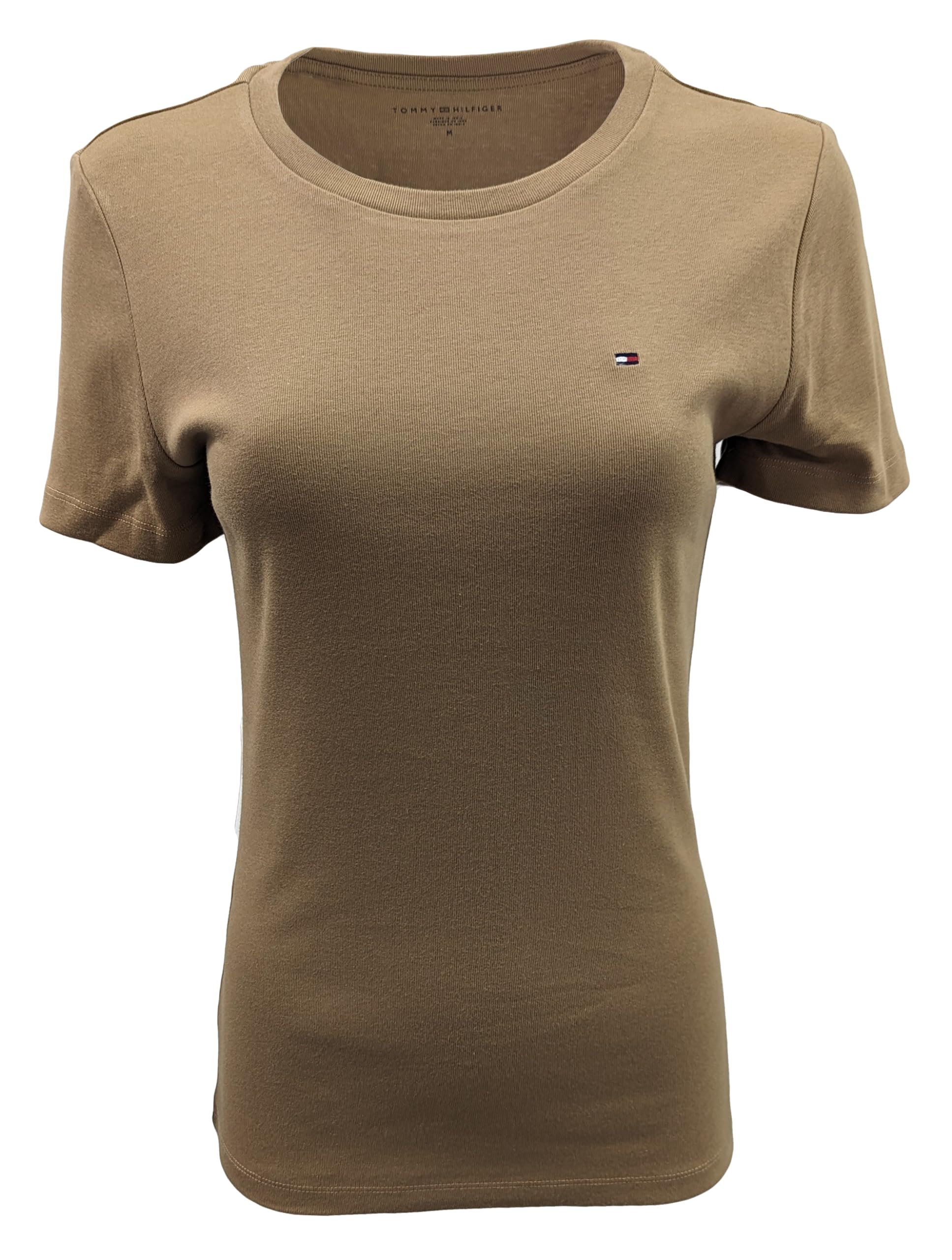 Camiseta Tommy Hilfiger Para Mujer, Cuello Redondo, Logotipo, Color Canela, Talla M - Venta Internacional.