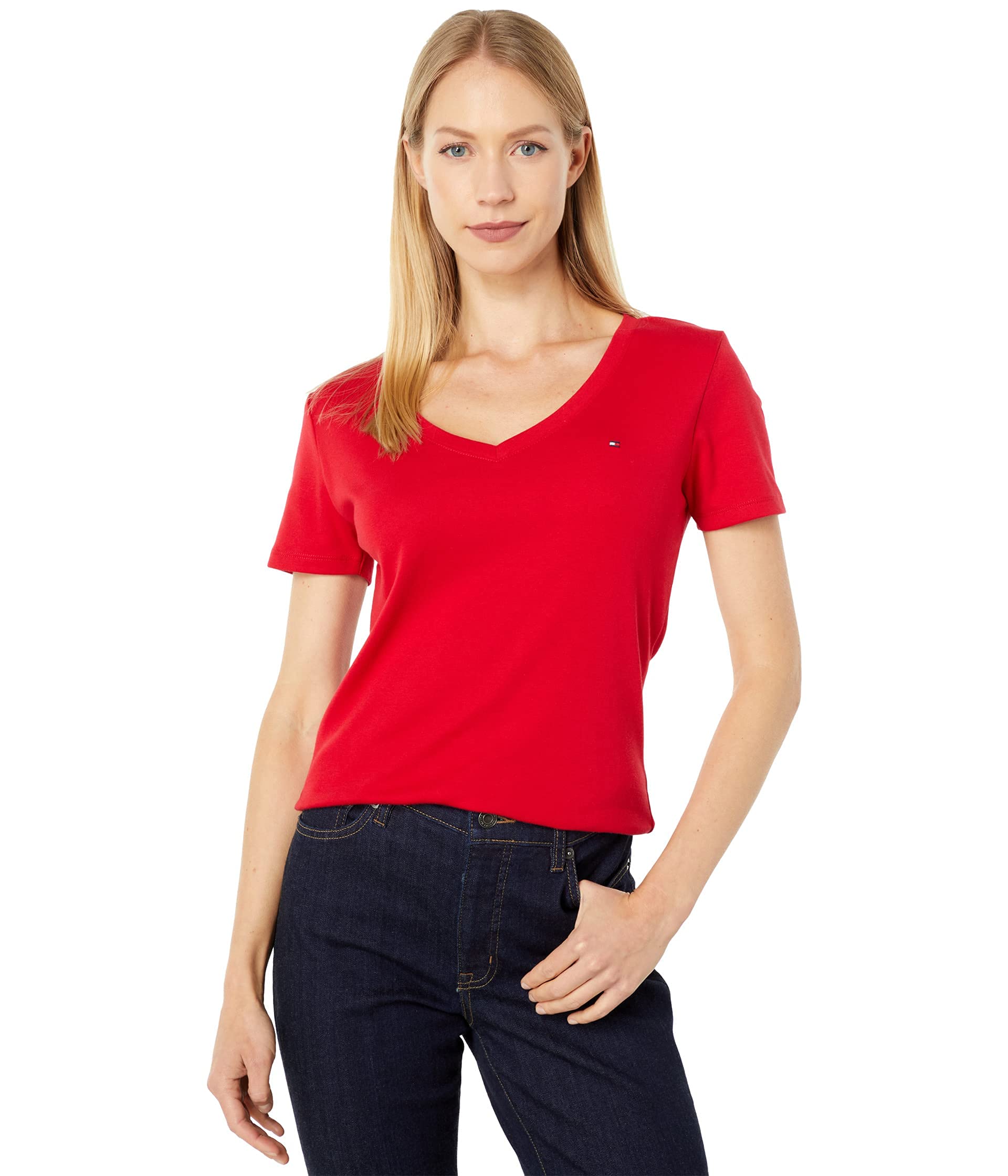 Foto 2 pulgar | Camiseta Tommy Hilfiger De Manga Corta Con Cuello En V, Bandera Scarlet Md - Venta Internacional.
