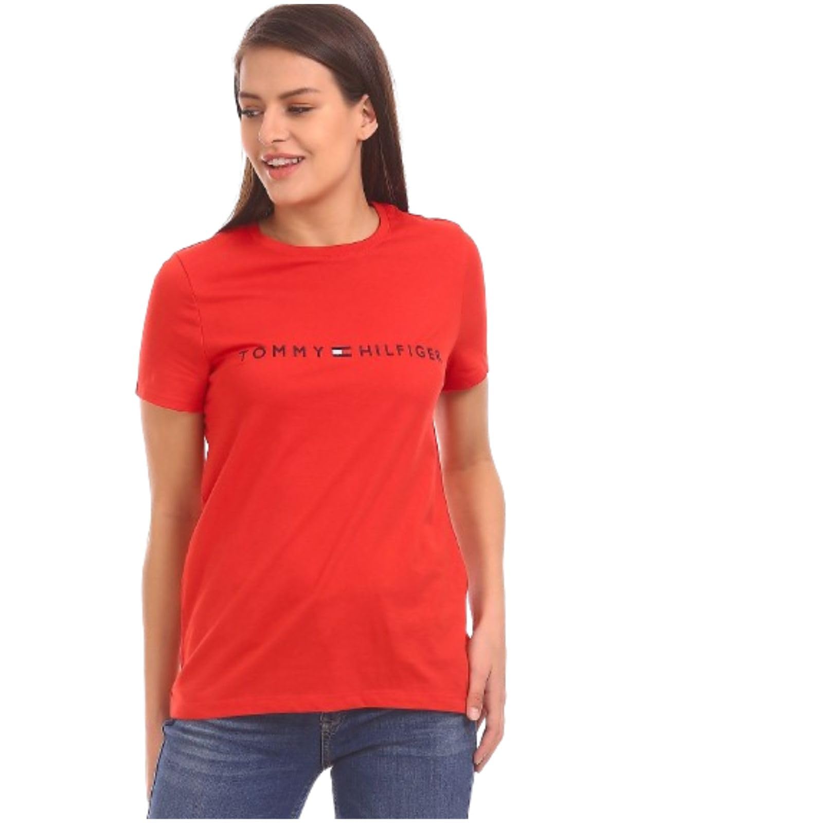 Camiseta Tommy Hilfiger New Line Con Cuello Redondo Para Mujer, Color Rojo, Talla S - Venta Internacional.