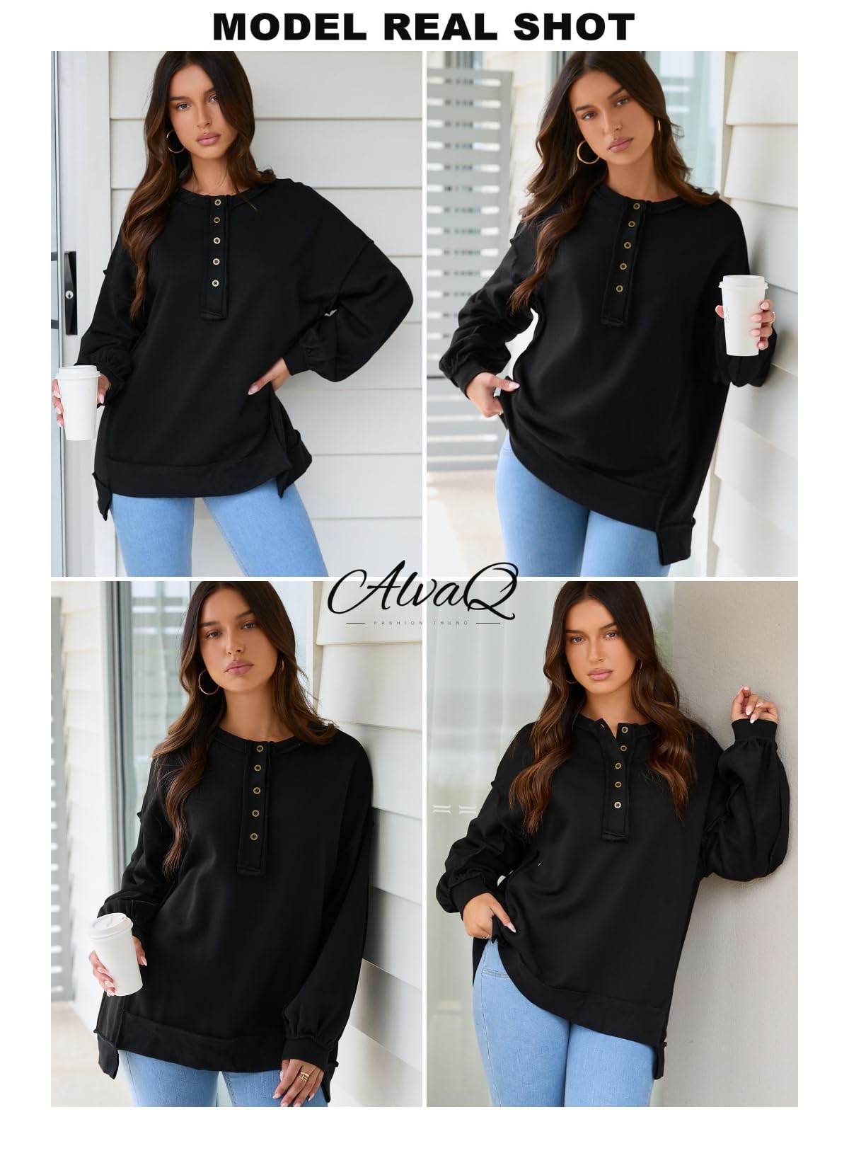 Foto 5 pulgar | Sudadera Alvaq Para Mujer, Moderna, Otoño-invierno, Cuello En V, Con Botones, Color Negro - Venta Internacional.