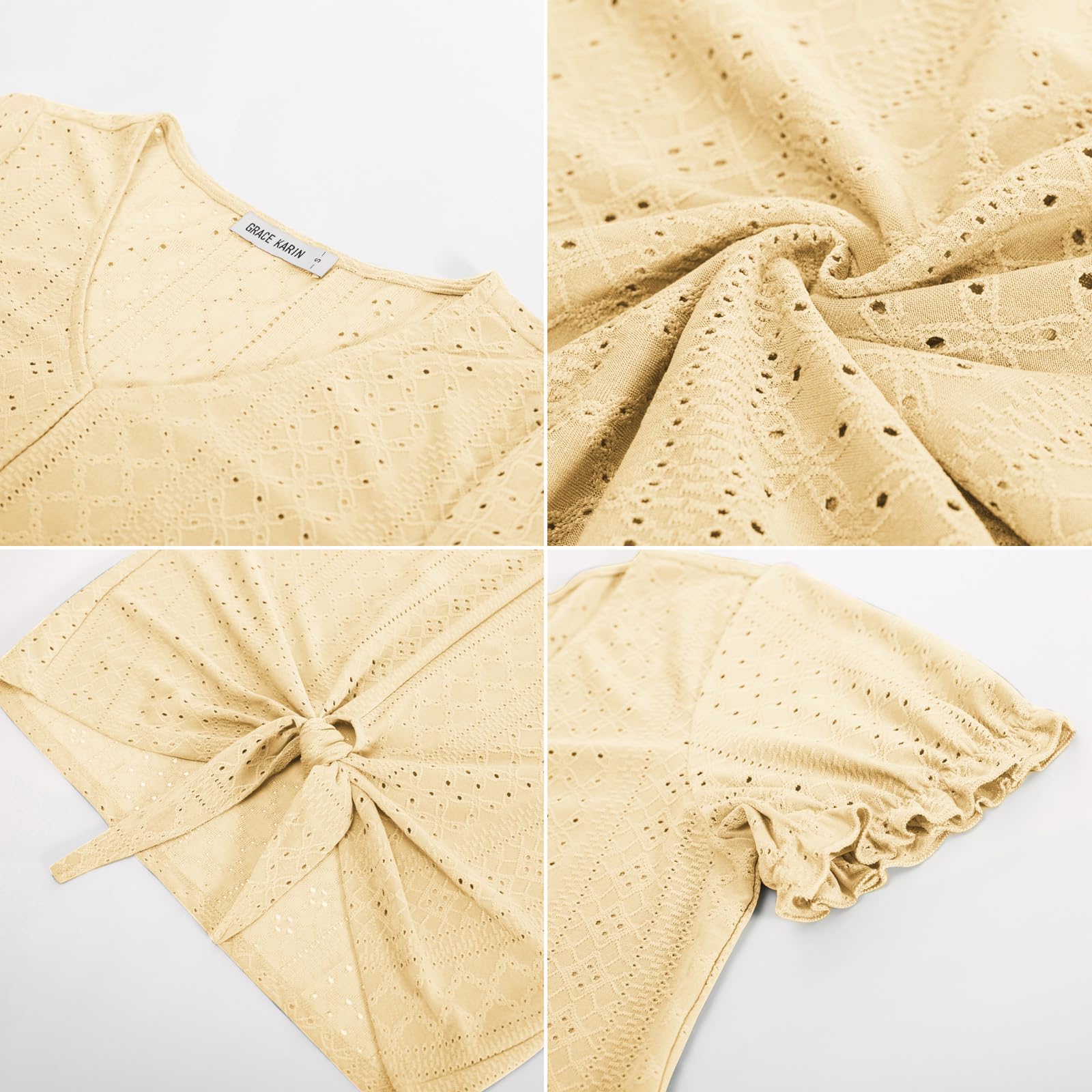Foto 8 pulgar | Camiseta Casual Grace Karin Con Cuello En V Con Ojales, Elegante, Amarilla M - Venta Internacional.