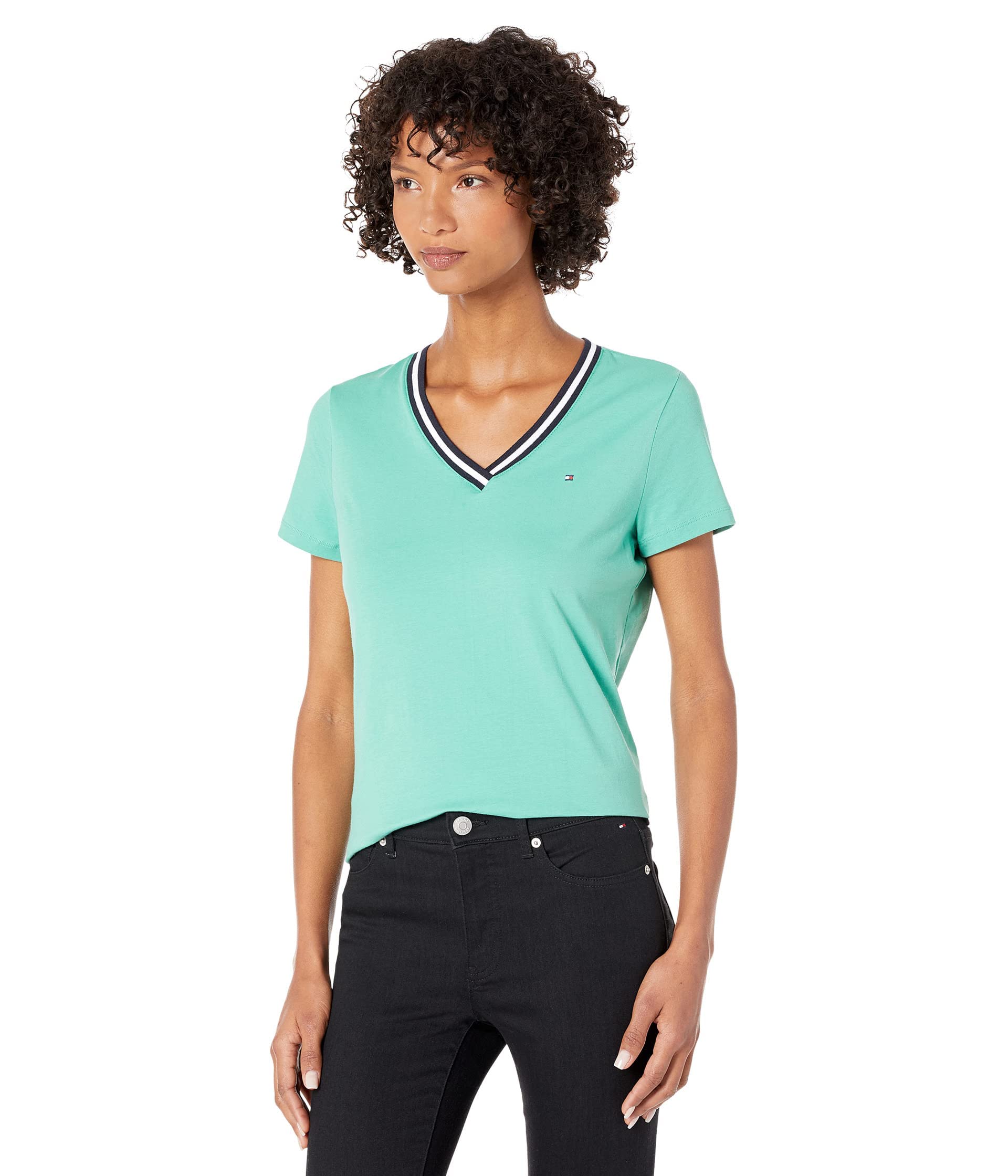 Camiseta Tommy Hilfiger Con Estampado De Bandera Con Cuello En V Para Mujer, Talla Pequeña - Venta Internacional.
