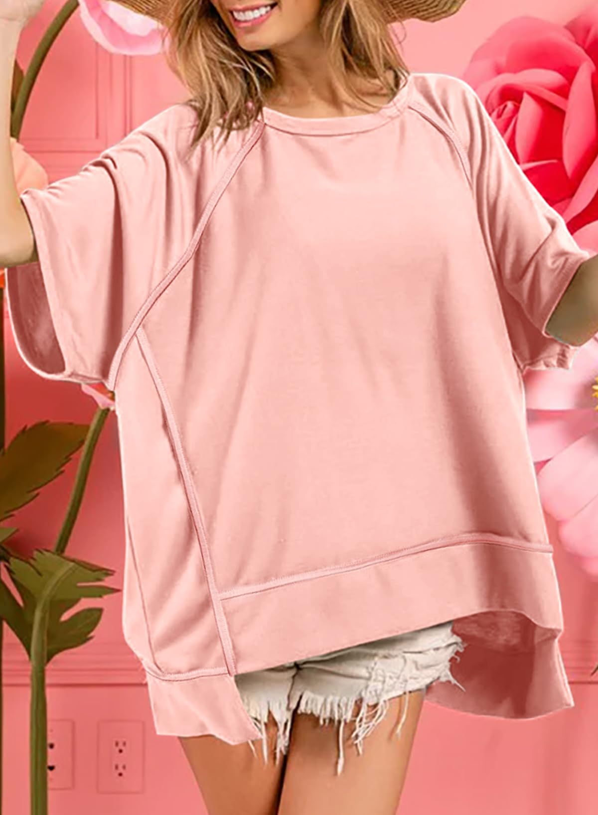 Foto 4 pulgar | Blusas Dokotoo Para Mujer, Cuello Redondo Y Manga Corta, Color Rosa - Venta Internacional.