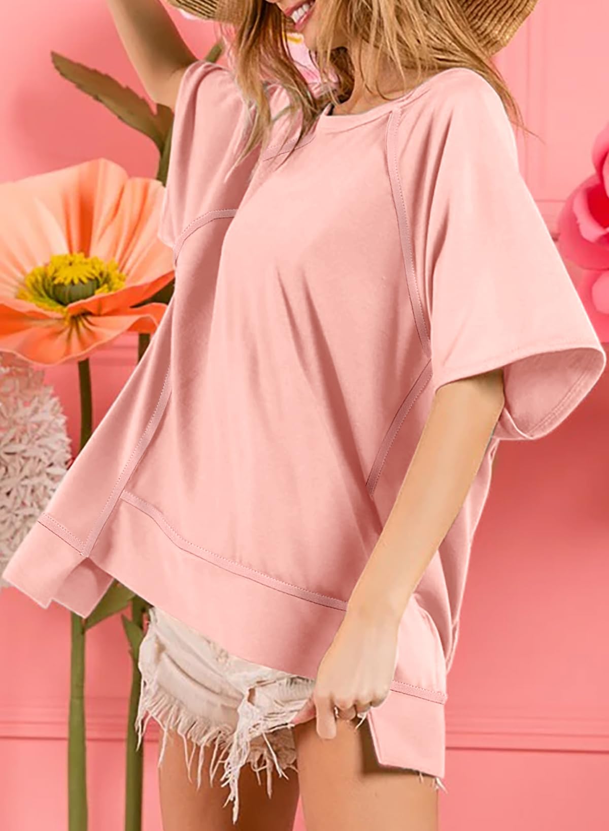 Foto 5 pulgar | Blusas Dokotoo Para Mujer, Cuello Redondo Y Manga Corta, Color Rosa - Venta Internacional.