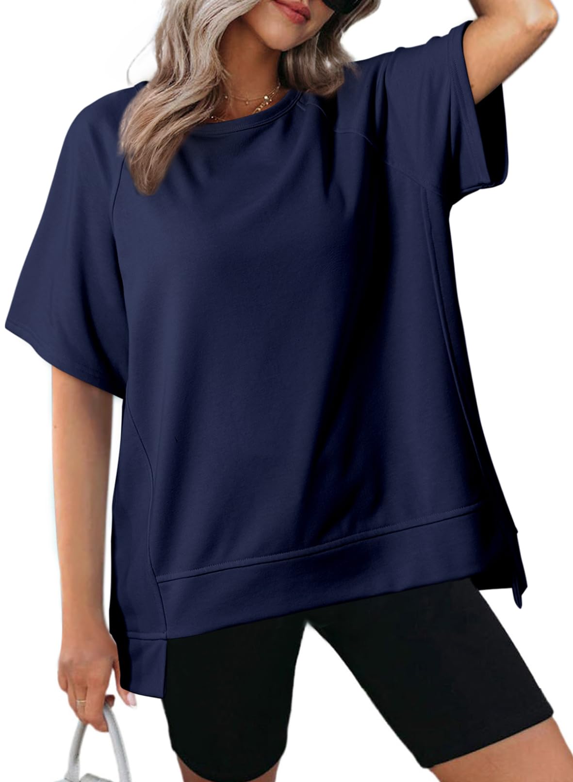 Camiseta Dokotoo De Algodón Para Mujer, Corte Holgado, Dobladillo Alto Y Bajo, Azul Marino - Venta Internacional.