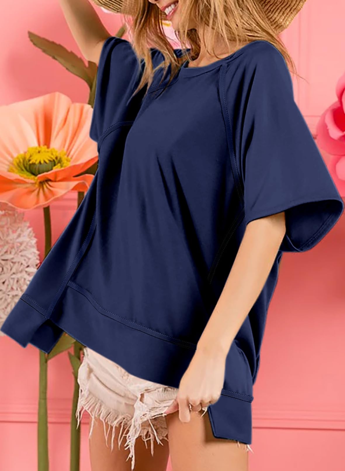 Foto 5 pulgar | Camiseta Dokotoo De Algodón Para Mujer, Corte Holgado, Dobladillo Alto Y Bajo, Azul Marino - Venta Internacional.