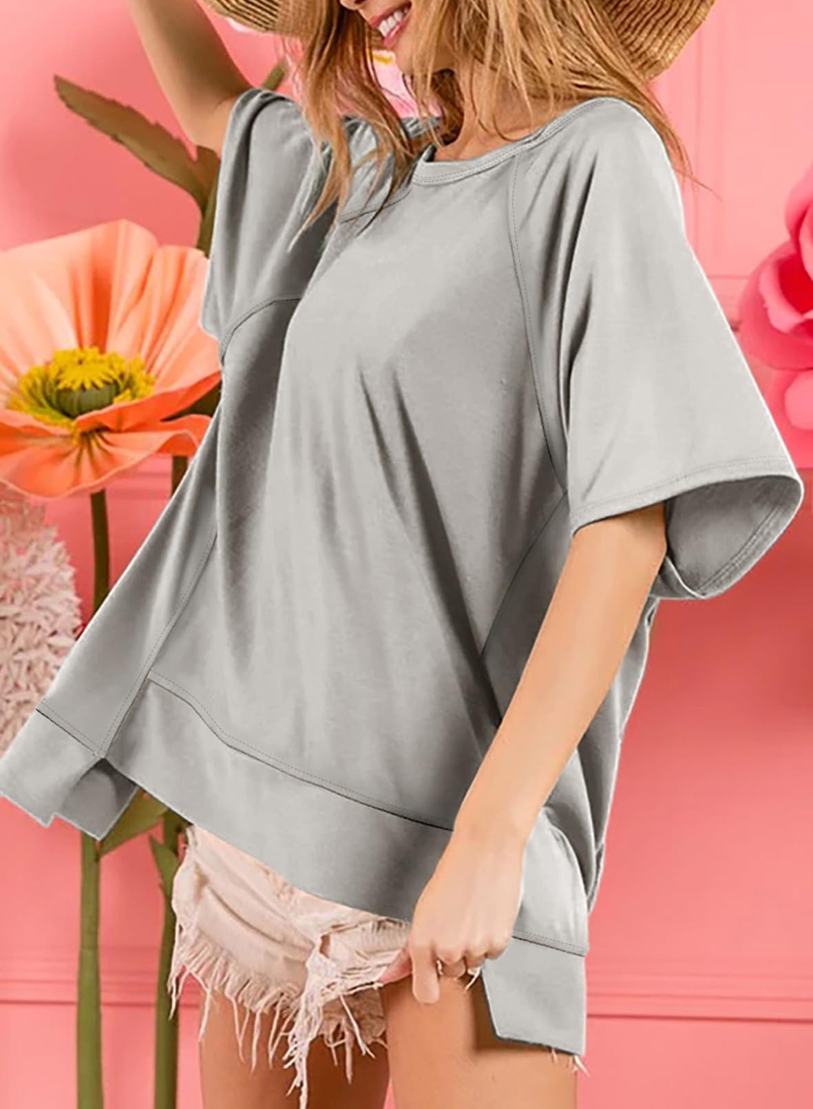Foto 4 | Tops Dokotoo Spring 2025 - Camisetas Extragrandes Para Mujer, Color Gris, Talla M - Venta Internacional.