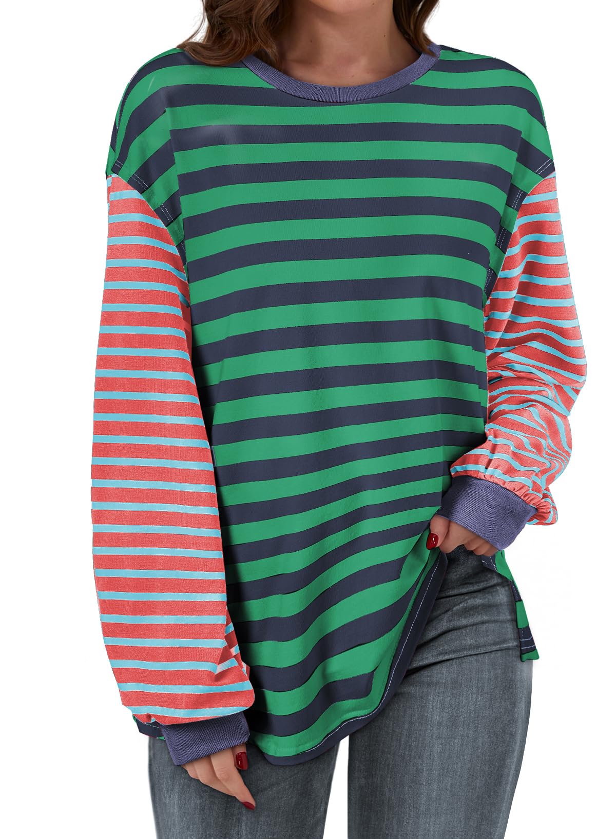Camiseta Blencot A Rayas Para Mujer, Color Block, Sobredimensionada, Verde, Xl - Venta Internacional.