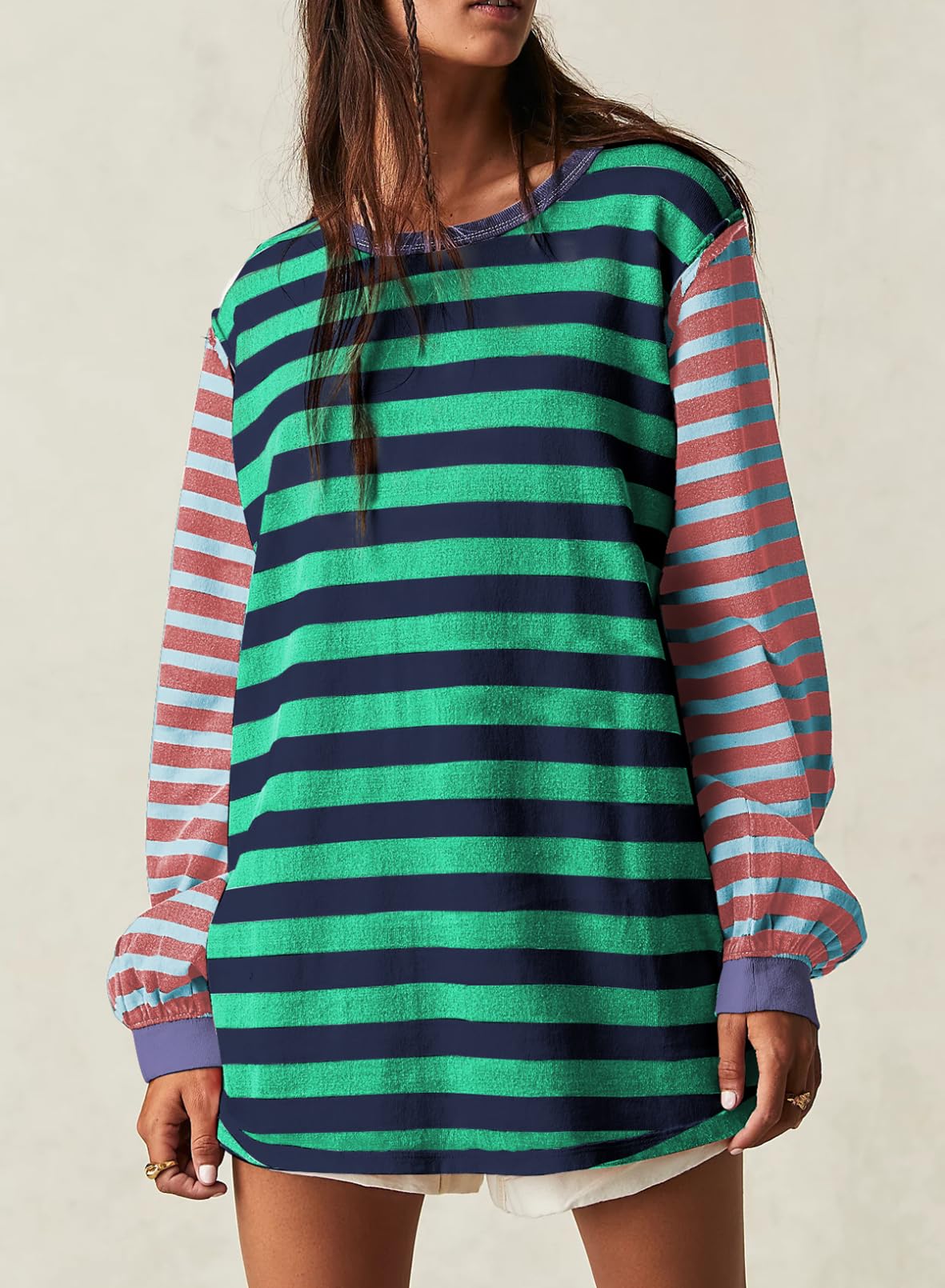 Foto 3 pulgar | Camiseta Blencot A Rayas Para Mujer, Color Block, Sobredimensionada, Verde, Xl - Venta Internacional.