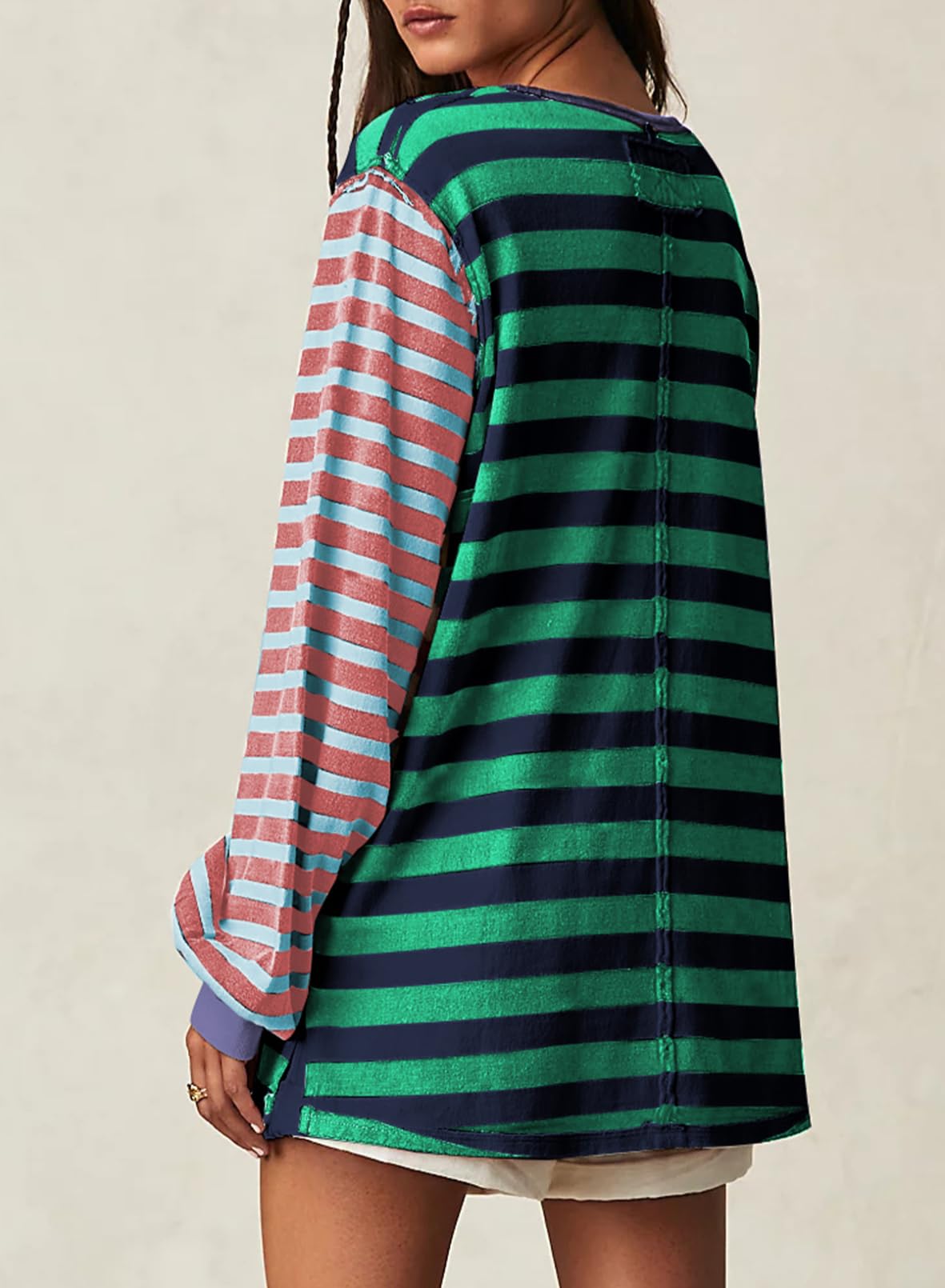 Foto 3 | Camiseta Blencot A Rayas Para Mujer, Color Block, Sobredimensionada, Verde, Xl - Venta Internacional.