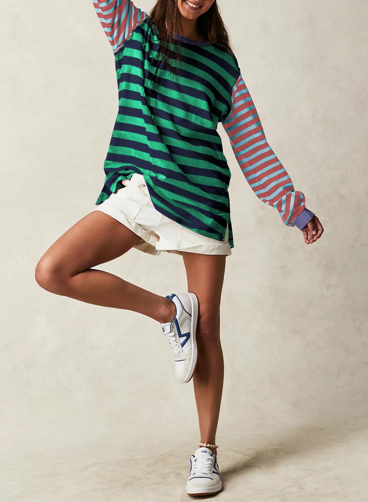 Foto 5 pulgar | Camiseta Blencot A Rayas Para Mujer, Color Block, Sobredimensionada, Verde, Xl - Venta Internacional.