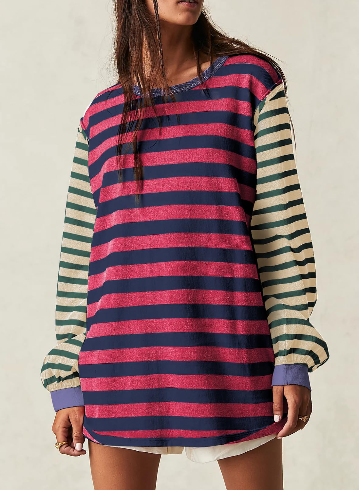 Foto 3 pulgar | Camisa Túnica Blencot Para Mujer Casual Y2k De Manga Larga A Rayas - Venta Internacional.