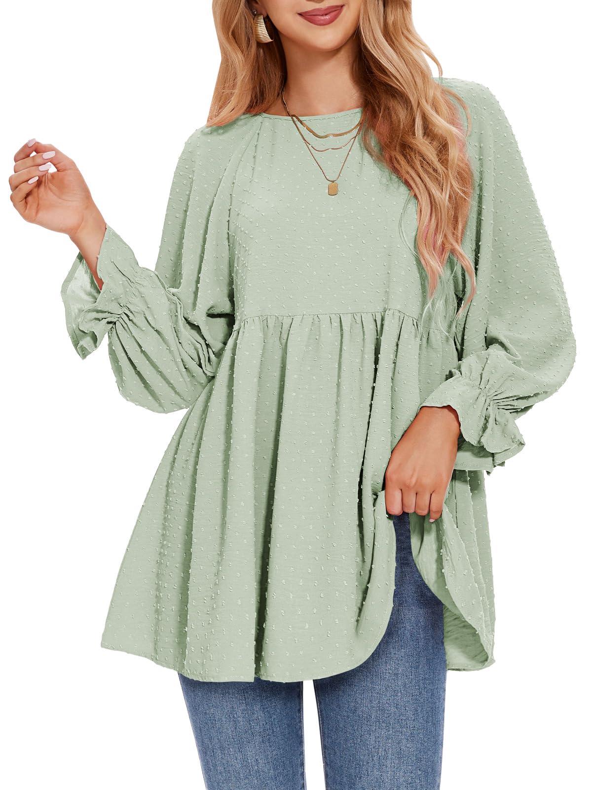 Blusa Exlura Para Mujer, Diseño De Muñeca Con Lunares Suizos, Holgada, Gris Y Verde - Venta Internacional.