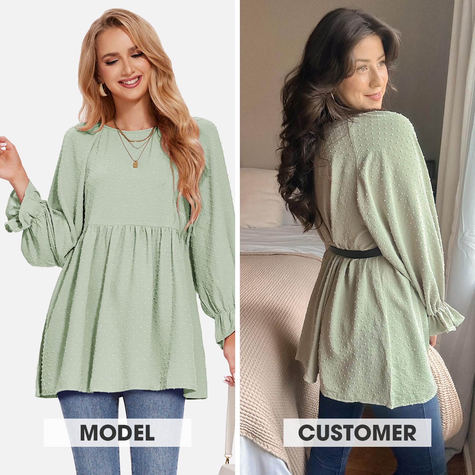 Foto 3 pulgar | Blusa Exlura Para Mujer, Diseño De Muñeca Con Lunares Suizos, Holgada, Gris Y Verde - Venta Internacional.