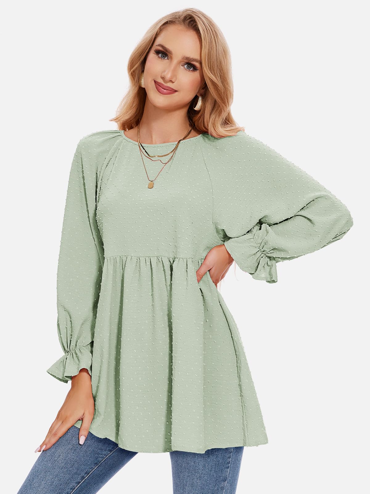 Foto 4 pulgar | Blusa Exlura Para Mujer, Diseño De Muñeca Con Lunares Suizos, Holgada, Gris Y Verde - Venta Internacional.