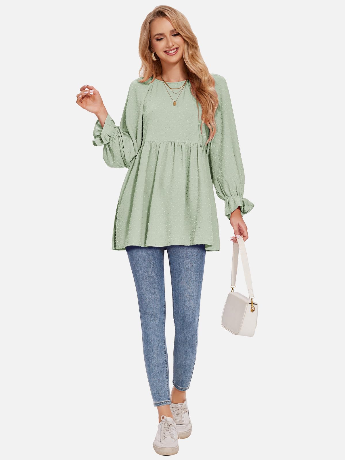 Foto 4 | Blusa Exlura Para Mujer, Diseño De Muñeca Con Lunares Suizos, Holgada, Gris Y Verde - Venta Internacional.