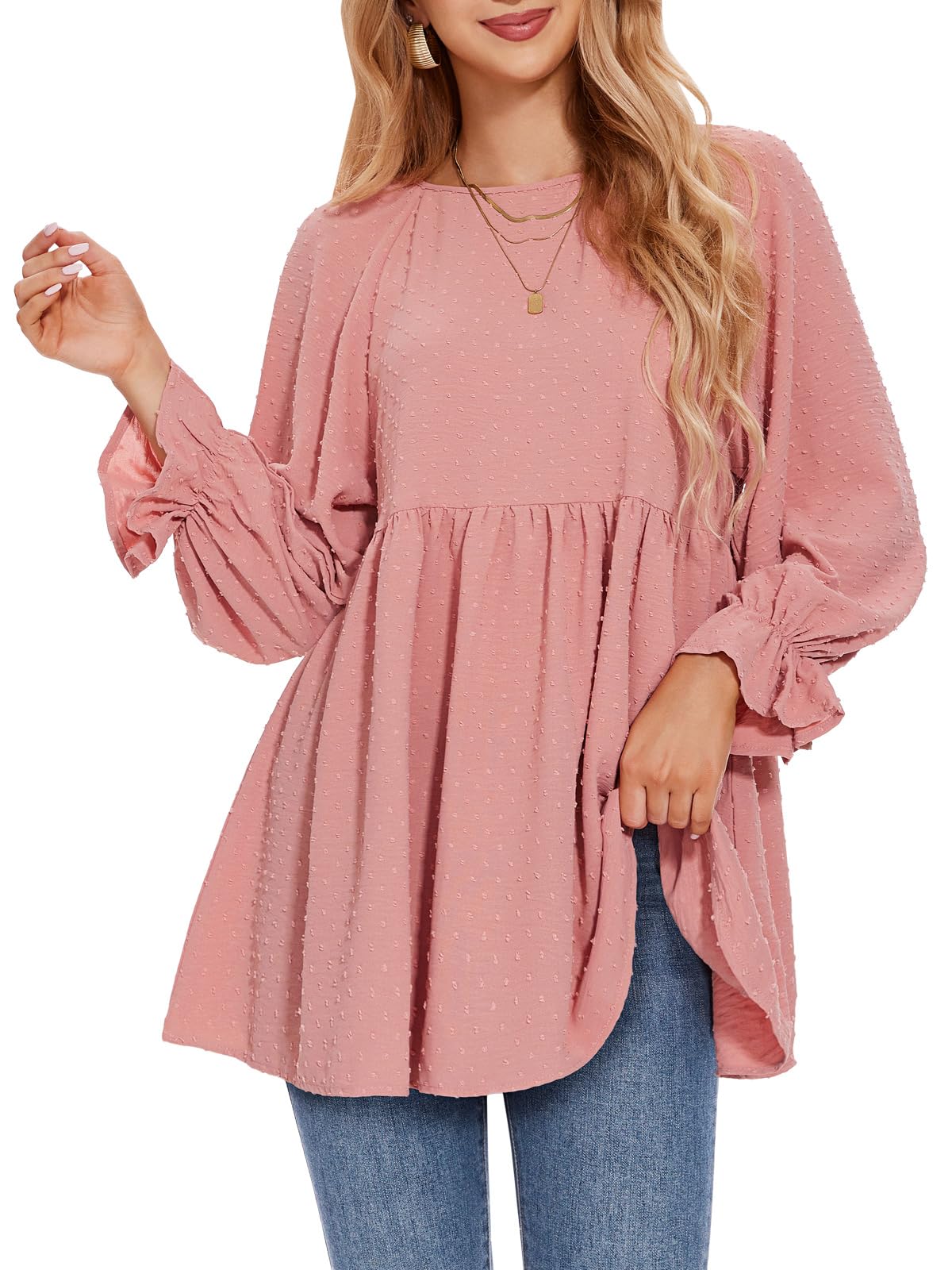 Foto 2 pulgar | Blusa Exlura Para Mujer Swiss Dot Babydoll, Holgada, Rosa - Venta Internacional.