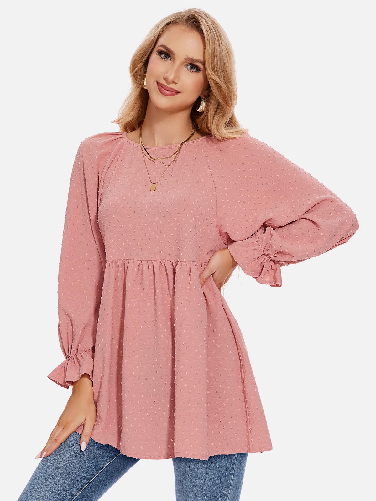 Foto 4 pulgar | Blusa Exlura Para Mujer Swiss Dot Babydoll, Holgada, Rosa - Venta Internacional.