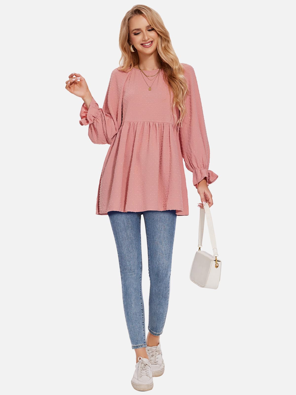 Foto 5 pulgar | Blusa Exlura Para Mujer Swiss Dot Babydoll, Holgada, Rosa - Venta Internacional.