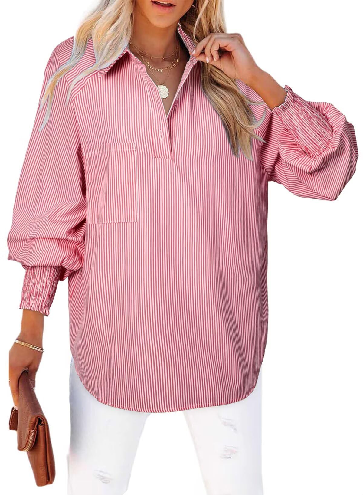 Blusa Casual De Primavera Con Cuello En V A Rayas Para Mujer - Venta Internacional.