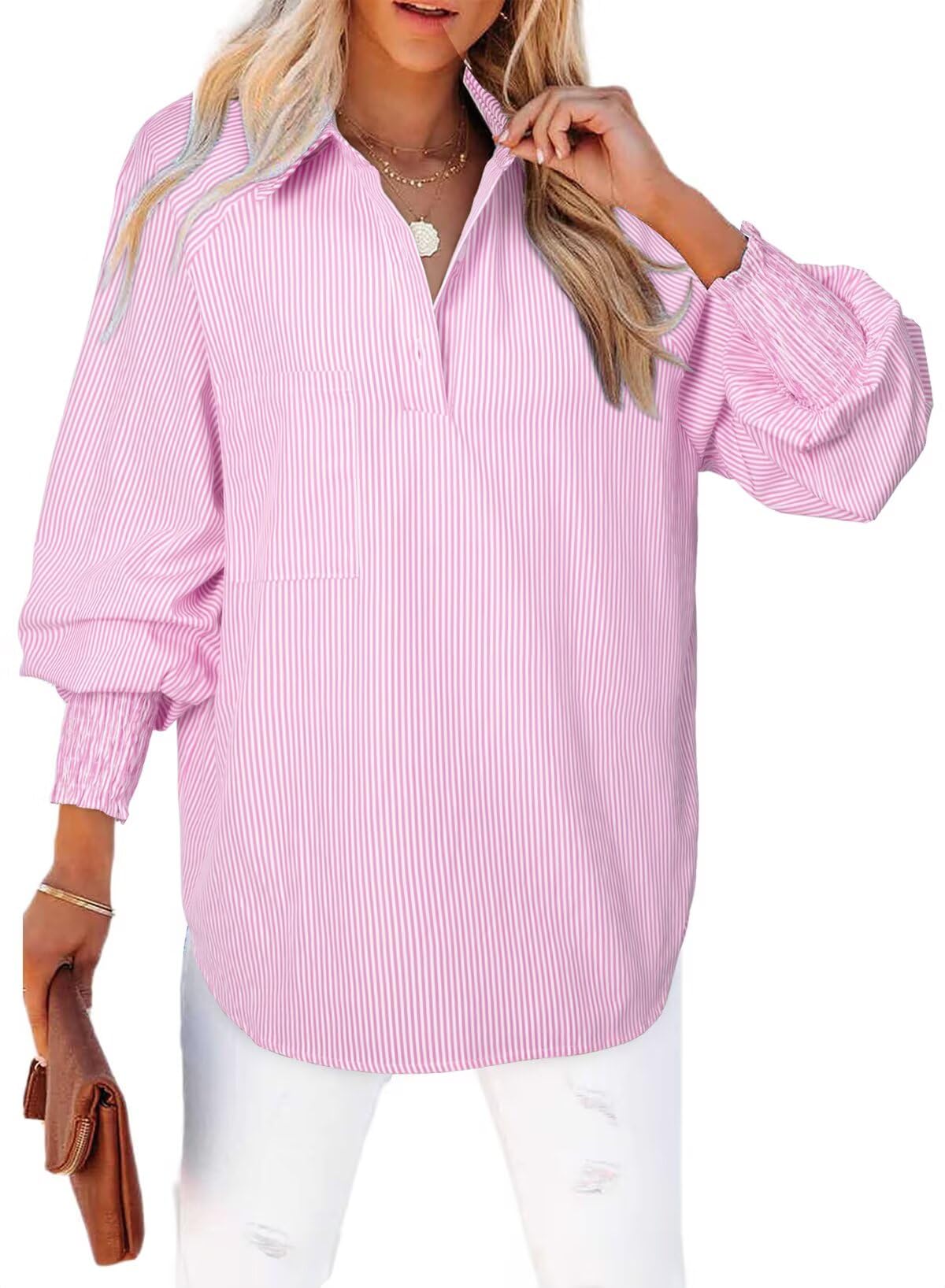 Camisa Elegante Para Mujer, Casual, A Rayas, Cuello En V, Rosa, Talla S - Venta Internacional.