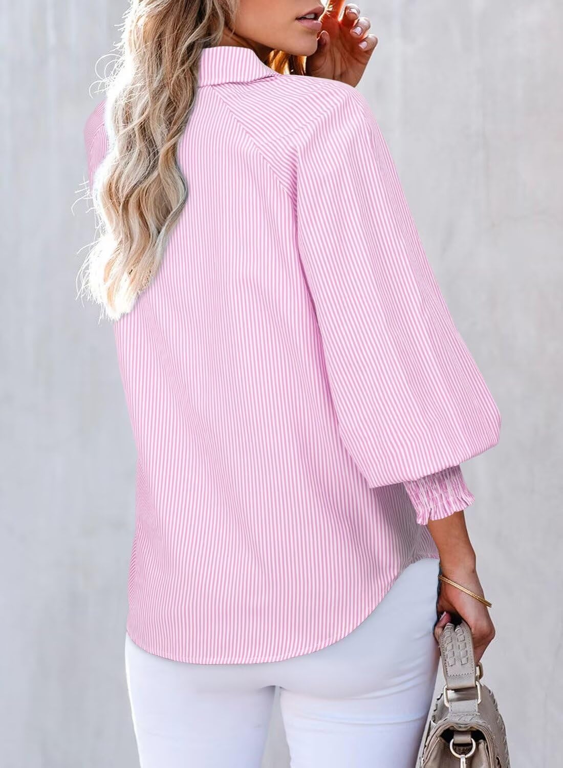 Foto 3 pulgar | Camisa Elegante Para Mujer, Casual, A Rayas, Cuello En V, Rosa, Talla S - Venta Internacional.