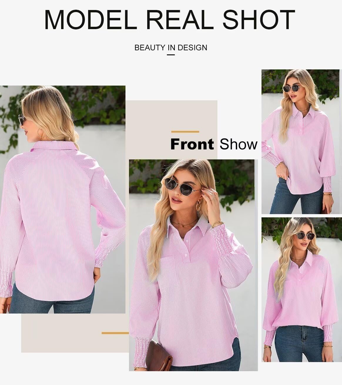 Foto 5 pulgar | Camisa Elegante Para Mujer, Casual, A Rayas, Cuello En V, Rosa, Talla S - Venta Internacional.