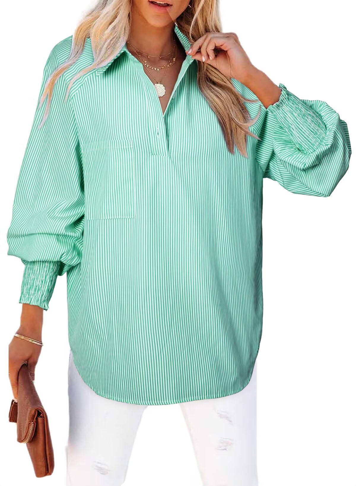Camisa Elegante Para Mujer, Casual, A Rayas, Cuello En V, Verde Negruzco - Venta Internacional.