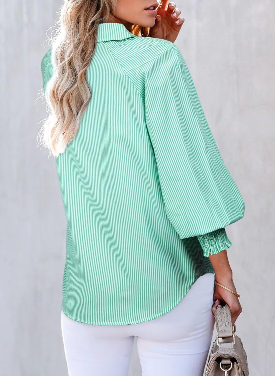Foto 3 pulgar | Camisa Elegante Para Mujer, Casual, A Rayas, Cuello En V, Verde Negruzco - Venta Internacional.