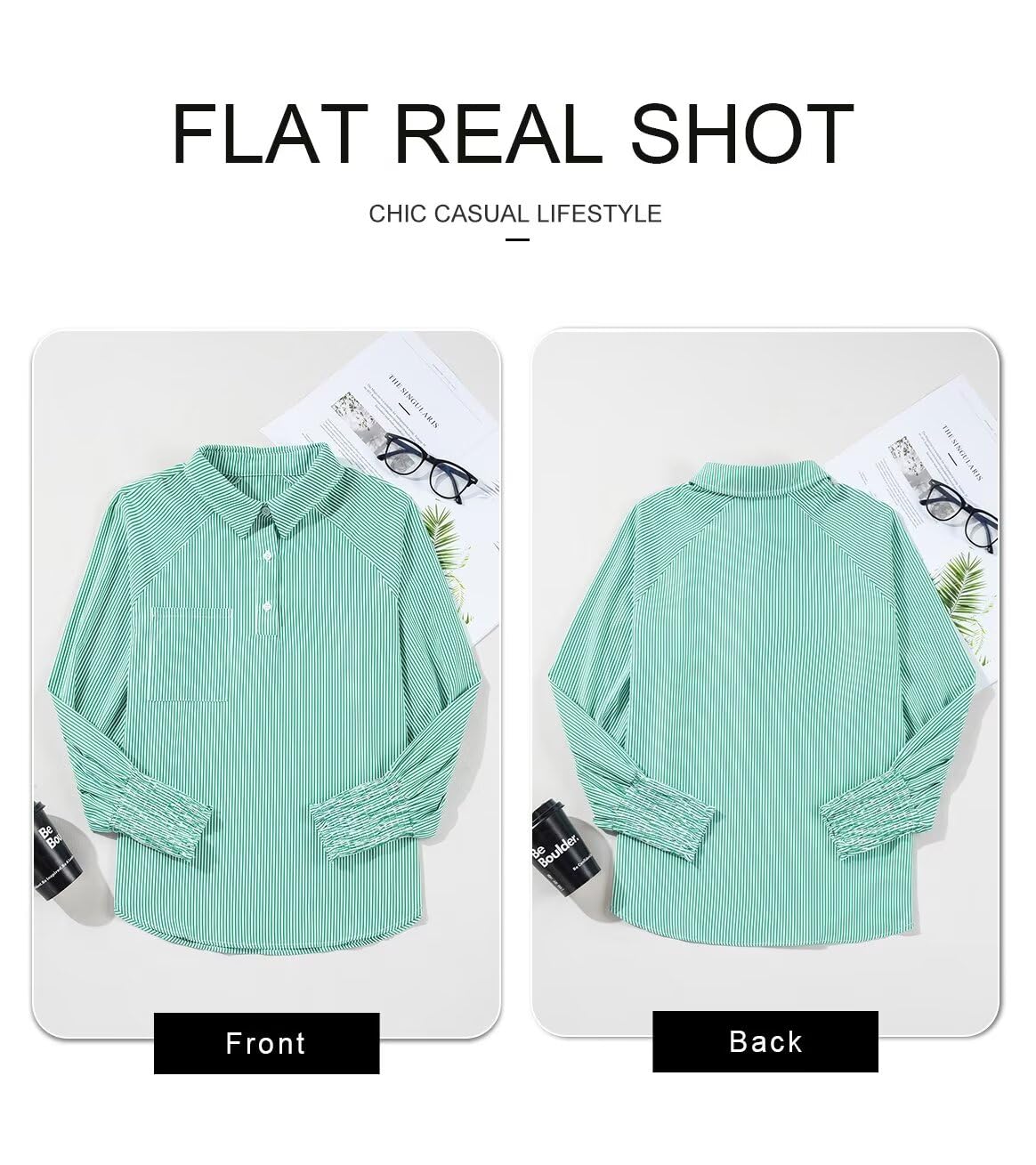 Foto 6 pulgar | Camisa Elegante Para Mujer, Casual, A Rayas, Cuello En V, Verde Negruzco - Venta Internacional.
