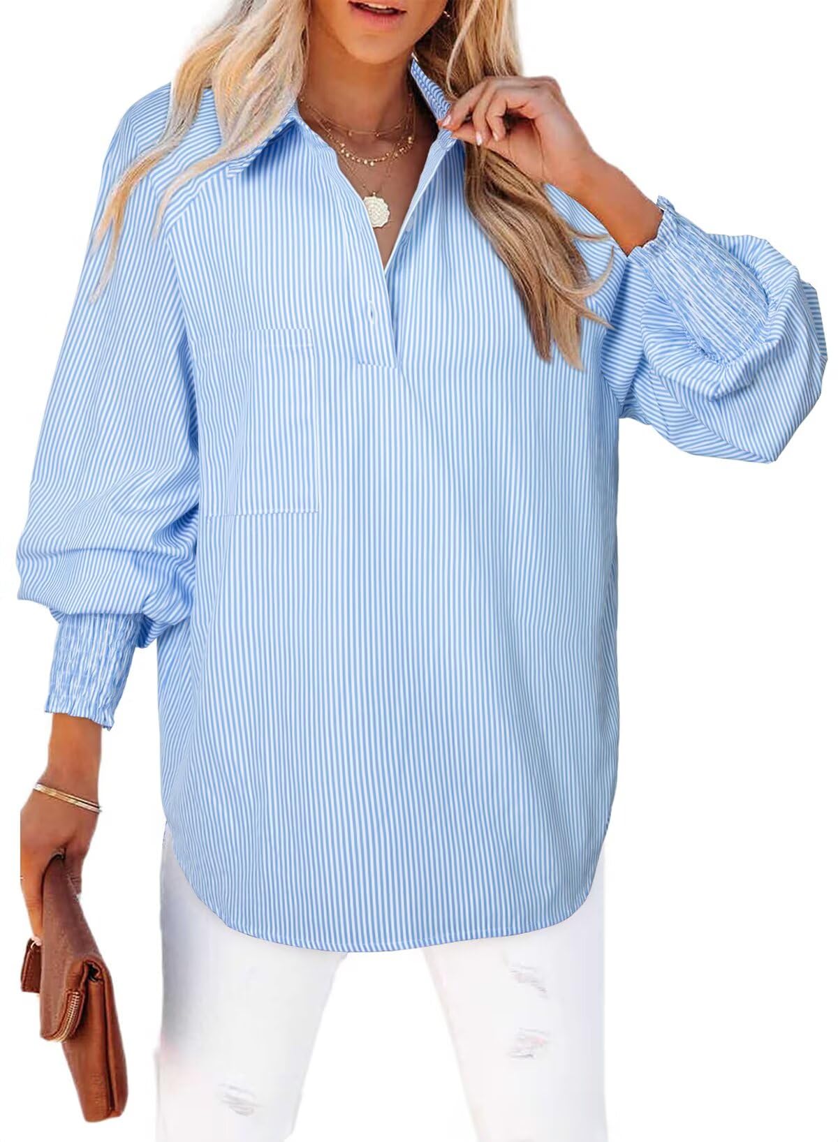 Foto 2 pulgar | Camisa Elegante Para Mujer, Cuello Largo, Cuello En V, Cuello En V, Azul L - Venta Internacional.