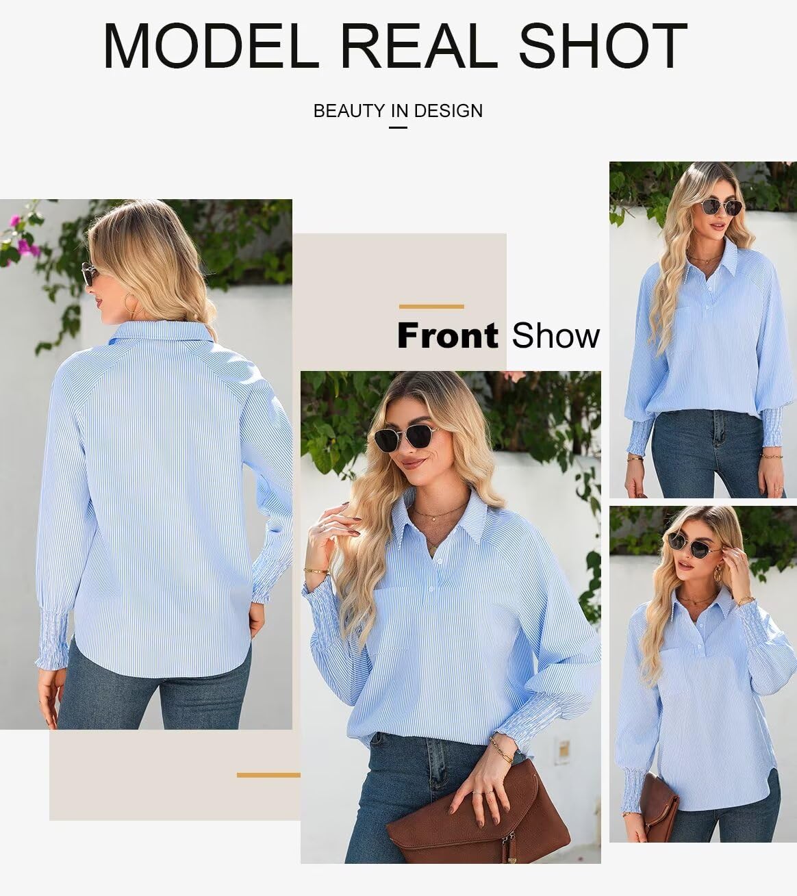 Foto 5 pulgar | Camisa Elegante Para Mujer, Cuello Largo, Cuello En V, Cuello En V, Azul L - Venta Internacional.