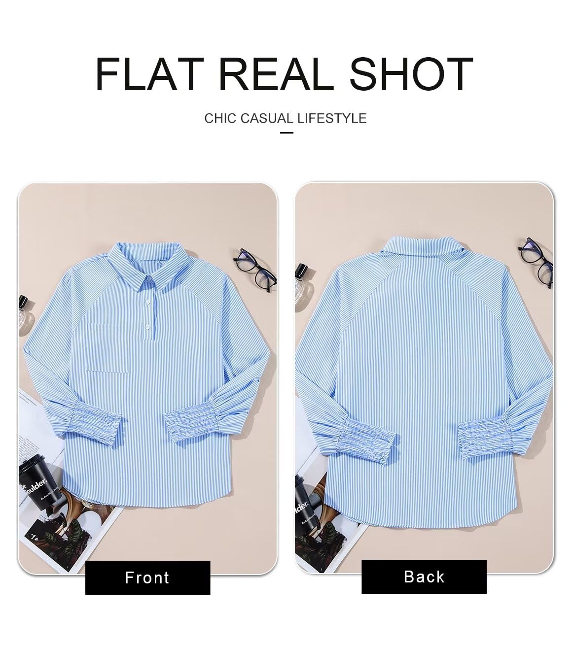 Foto 6 pulgar | Camisa Elegante Para Mujer, Cuello Largo, Cuello En V, Cuello En V, Azul L - Venta Internacional.