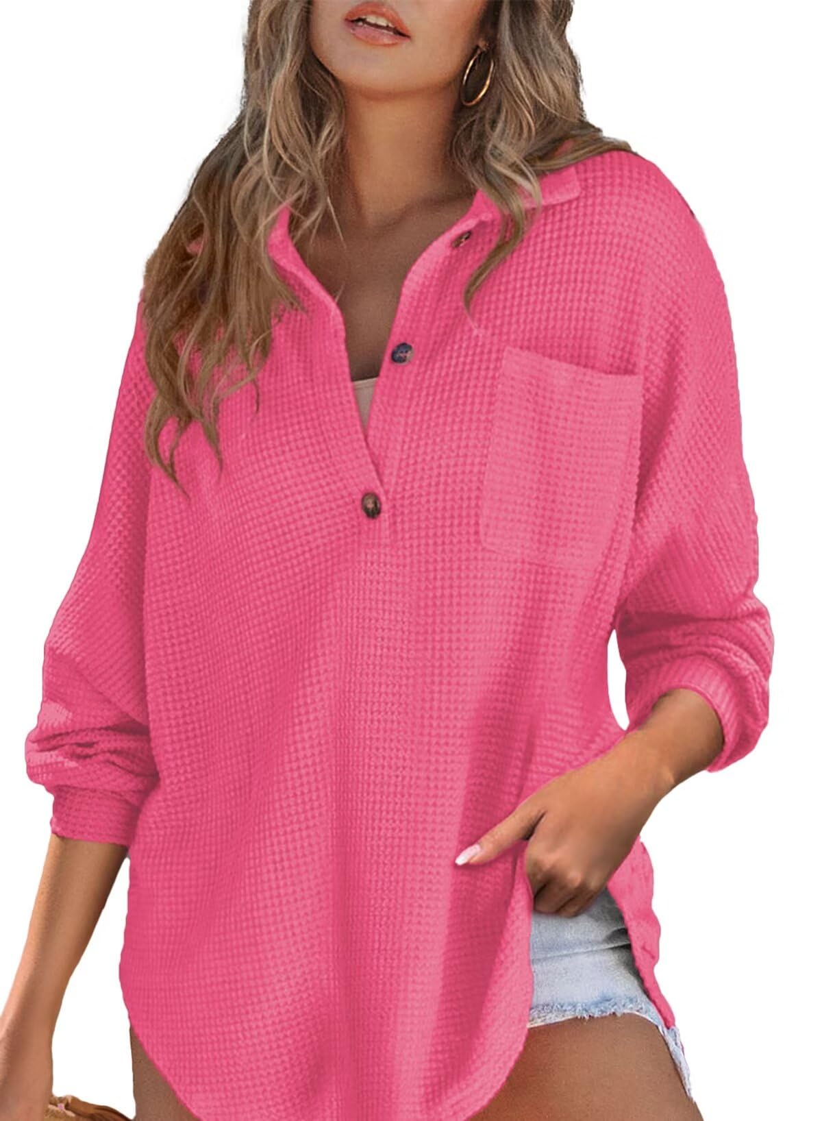 Foto 1 | Top Elegante Para Mujer, Tejido Gofrado, Con Botones, Cuello En V, Color Rojo - Venta Internacional.