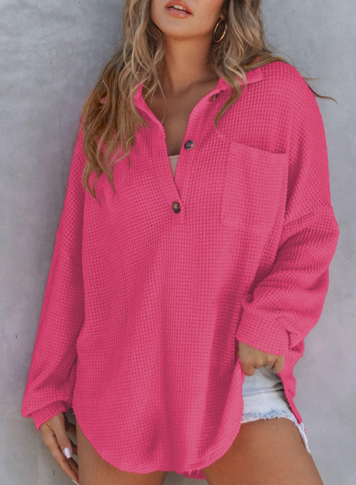 Foto 2 | Top Elegante Para Mujer, Tejido Gofrado, Con Botones, Cuello En V, Color Rojo - Venta Internacional.