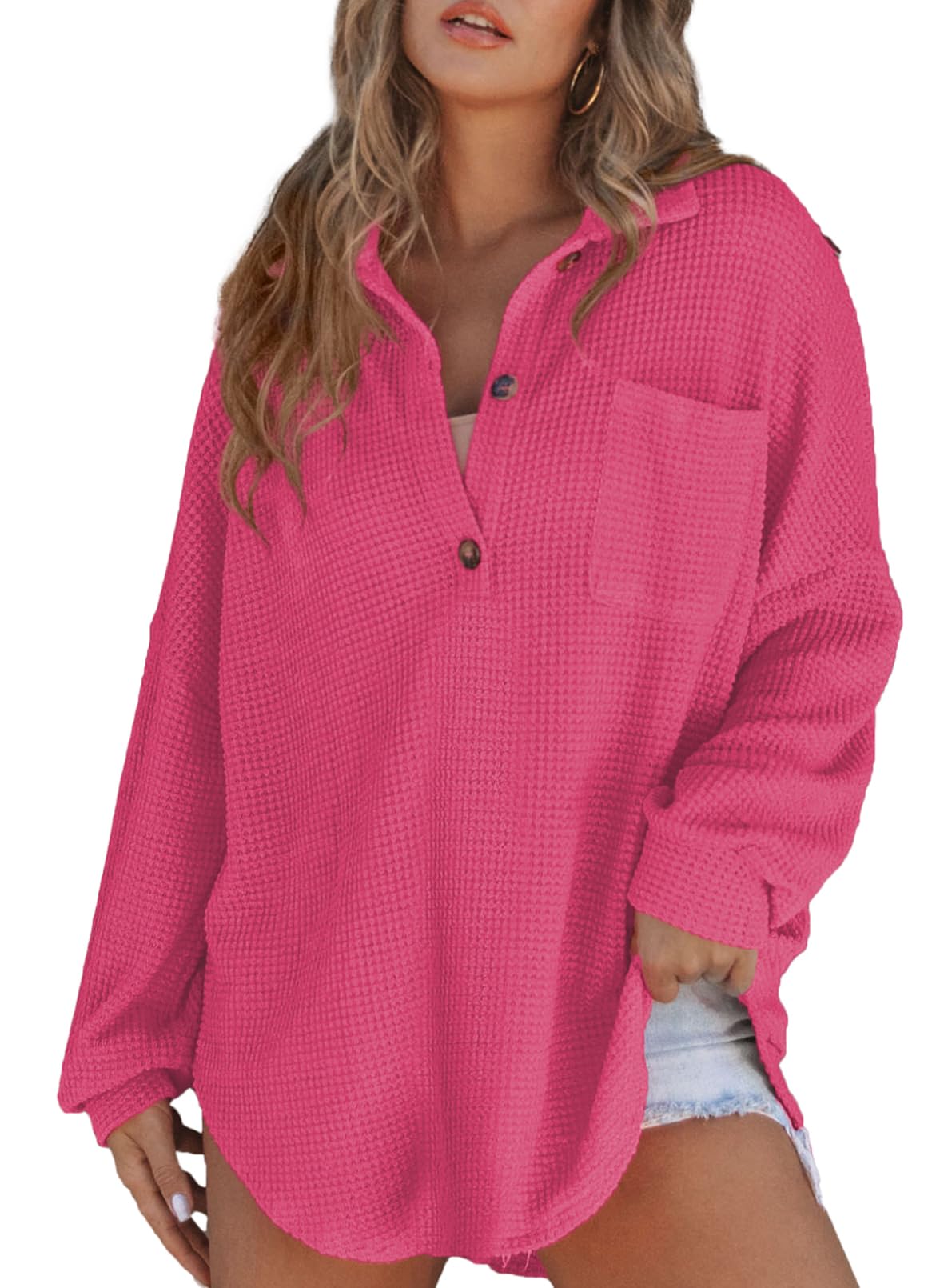 Foto 4 pulgar | Top Elegante Para Mujer, Tejido Gofrado, Con Botones, Cuello En V, Color Rojo - Venta Internacional.