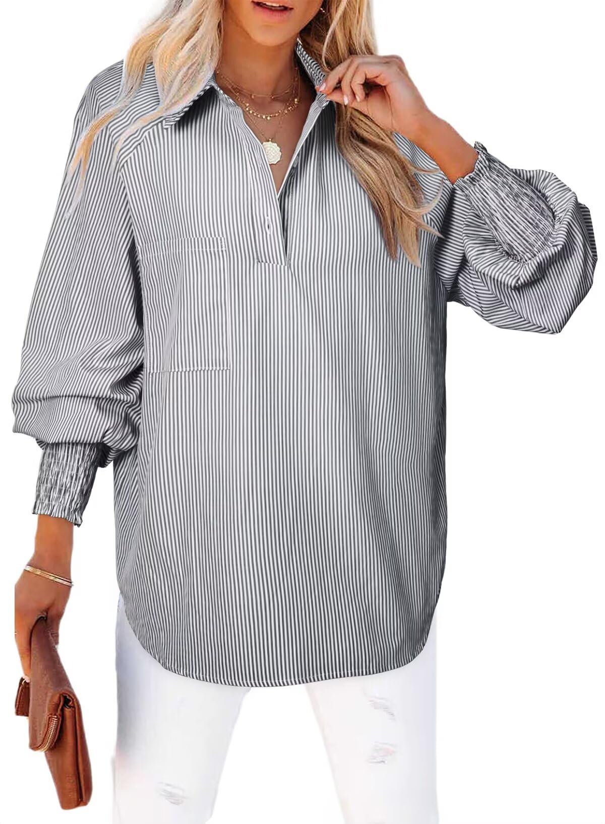 Foto 2 pulgar | Blusa Elegante Para Mujer, Holgada, Con Puños, A Rayas, Negra, Mediana - Venta Internacional.