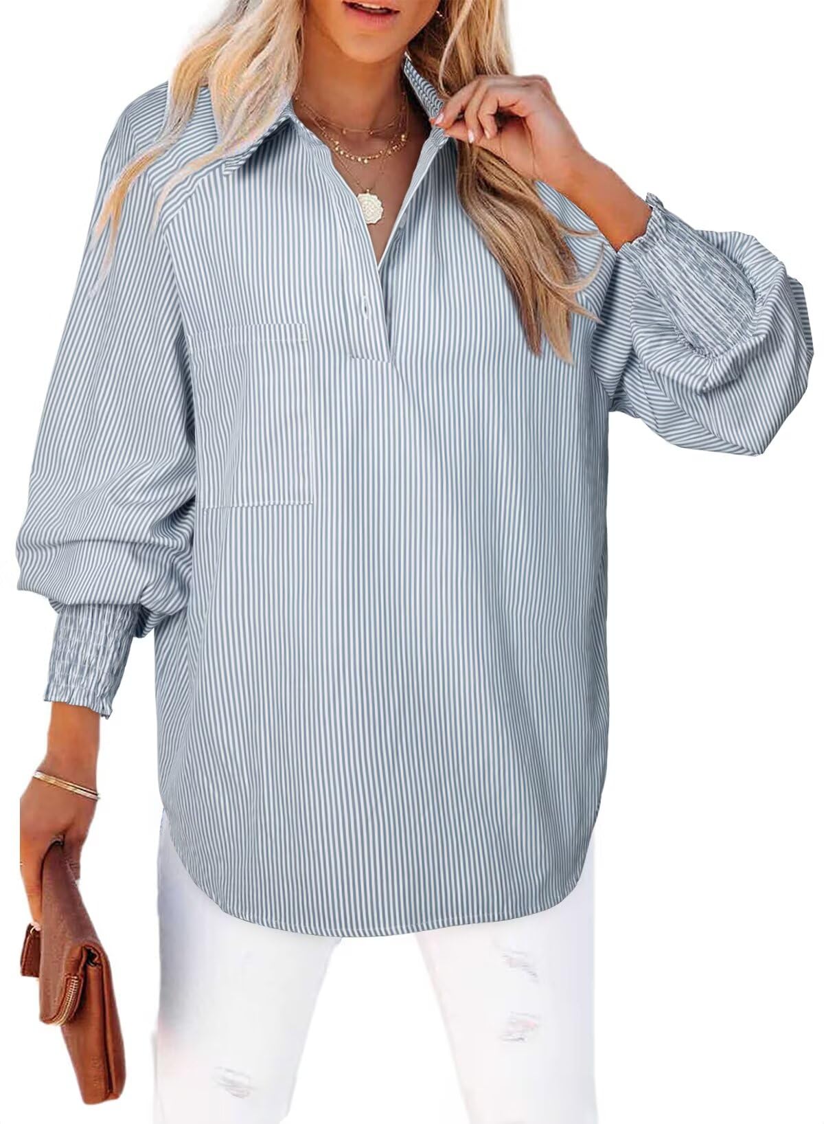 Camisa Elegante Para Mujer, A Rayas, Cuello En V, Con Botones, Gris - Venta Internacional.