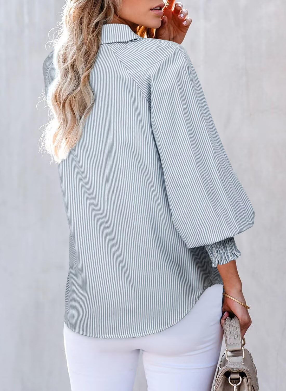 Foto 3 pulgar | Camisa Elegante Para Mujer, A Rayas, Cuello En V, Con Botones, Gris - Venta Internacional.